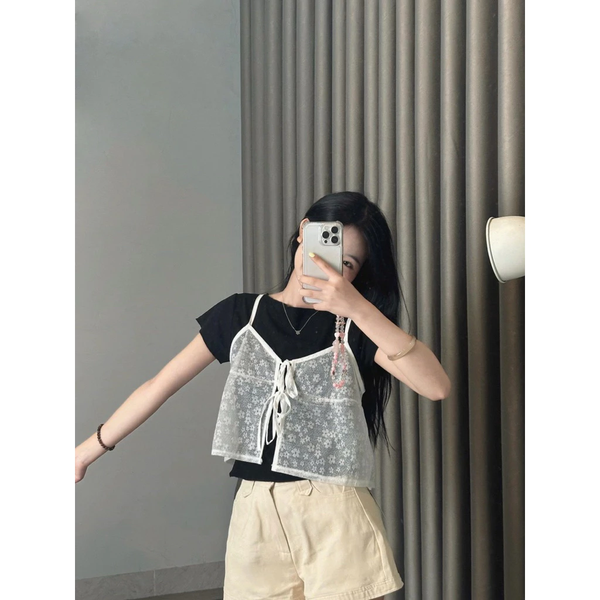 Set áo thun gân ôm body phối áo 2 dây dệt hoa thắt nơ điệu đà -118