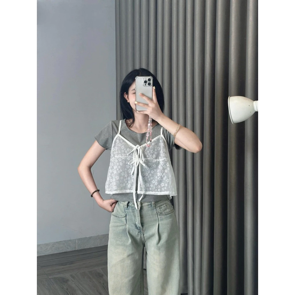 Set áo thun gân ôm body phối áo 2 dây dệt hoa thắt nơ điệu đà -118
