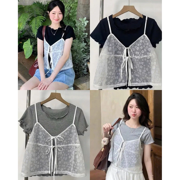 Set áo thun gân ôm body phối áo 2 dây dệt hoa thắt nơ điệu đà -118