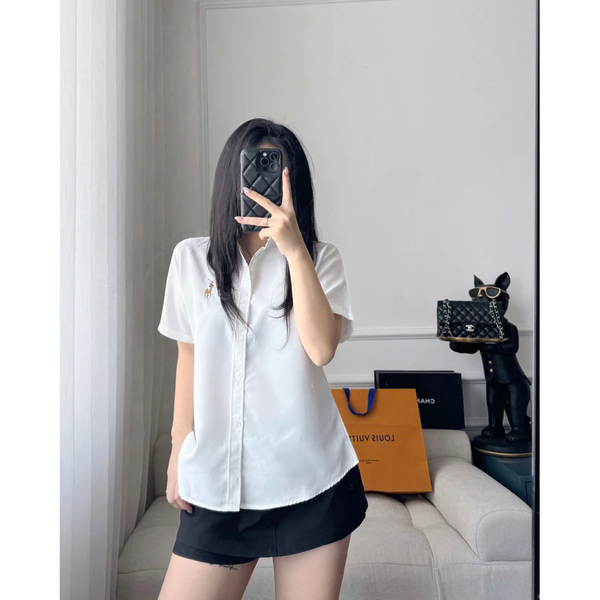 Áo sơ mi croptop kẻ sọc thêu logo nổi bật vải oxford cao cấp - 032