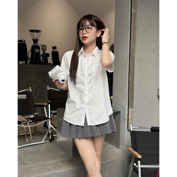 Áo sơ mi nữ trắng tay ngắn phối túi kate nhật mịn mát cao cấp - 130