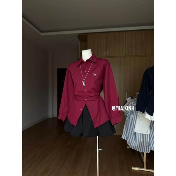 Áo sơ mi nữ xanh than thêu nổi tinh tế chất kate lụa Hàn Quốc - 025 
