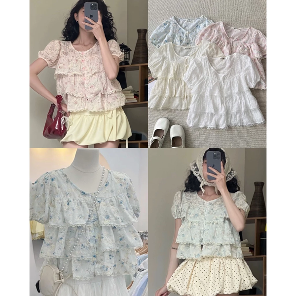 Áo croptop babydoll voan hoa 3 tầng tay bồng tiểu thư ngọt ngào - 115