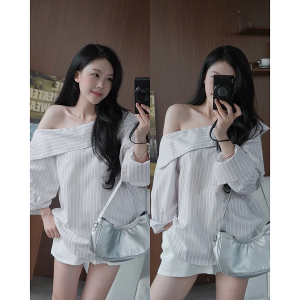 Áo sơ mi lệch vai phối bèo kẻ sọc phong cách cá tính - 138