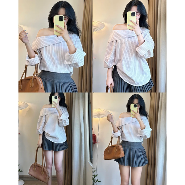 Áo sơ mi lệch vai phối bèo kẻ sọc phong cách cá tính - 138