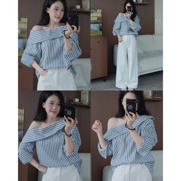 Áo sơ mi lệch vai phối bèo kẻ sọc phong cách cá tính - 138