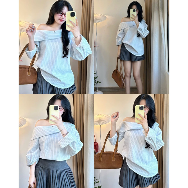 Áo sơ mi lệch vai phối bèo kẻ sọc phong cách cá tính - 138