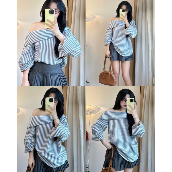 Áo sơ mi lệch vai phối bèo kẻ sọc phong cách cá tính - 138