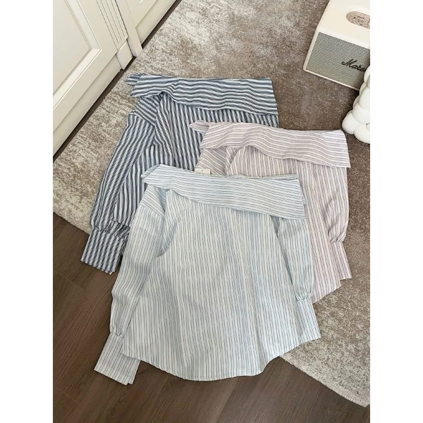 Áo sơ mi lệch vai phối bèo kẻ sọc phong cách cá tính - 138