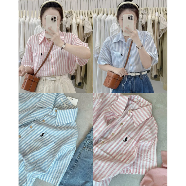 Áo sơ mi croptop kẻ sọc thêu logo nổi bật vải oxford cao cấp - 032