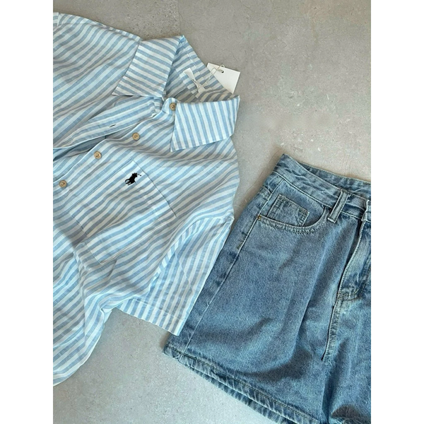 Áo sơ mi croptop kẻ sọc thêu logo nổi bật vải oxford cao cấp - 032