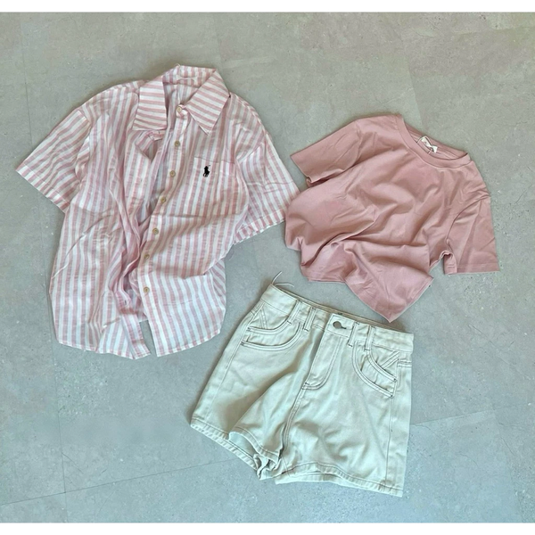Áo sơ mi croptop kẻ sọc thêu logo nổi bật vải oxford cao cấp - 032
