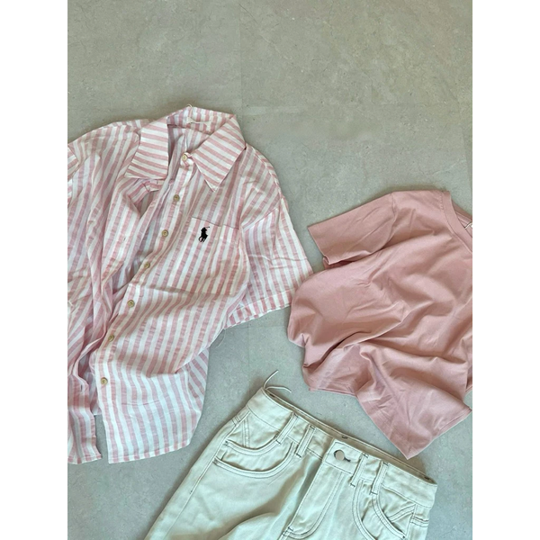 Áo sơ mi croptop kẻ sọc thêu logo nổi bật vải oxford cao cấp - 032