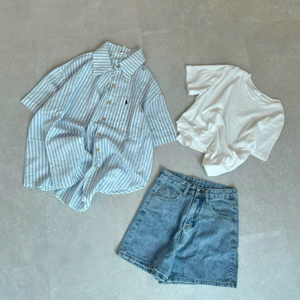 Áo sơ mi croptop kẻ sọc thêu logo nổi bật vải oxford cao cấp - 032