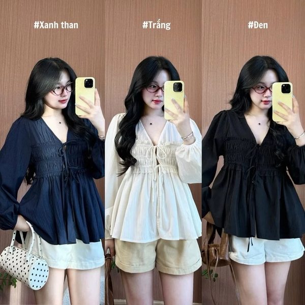 Áo babydoll trắng tiểu thư cổ V tay phồng vải bamboo cao cấp - 093