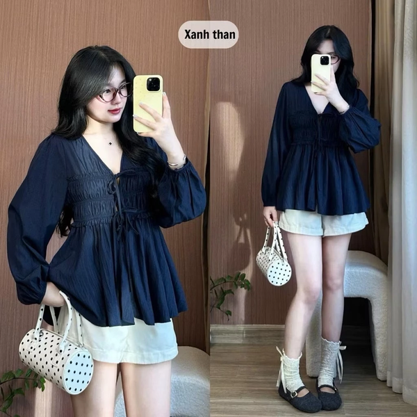 Áo babydoll trắng tiểu thư cổ V tay phồng vải bamboo cao cấp - 093