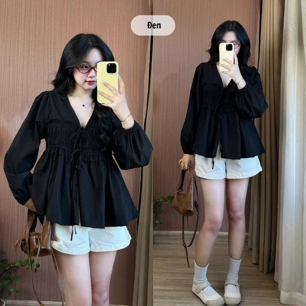 Áo babydoll trắng tiểu thư cổ V tay phồng vải bamboo cao cấp - 093