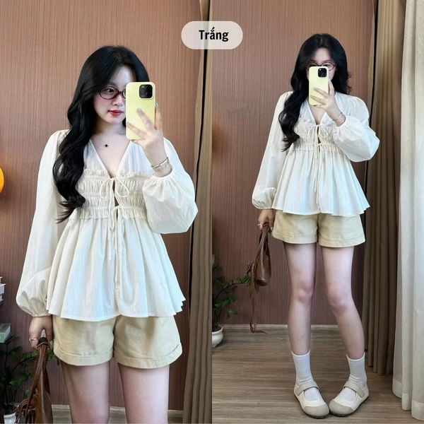Áo babydoll trắng tiểu thư cổ V tay phồng vải bamboo cao cấp - 093