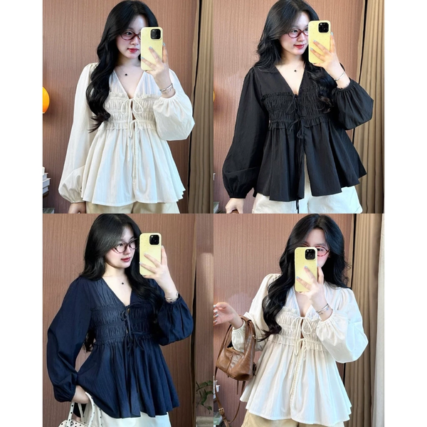 Áo babydoll trắng tiểu thư cổ V tay phồng vải bamboo cao cấp - 093