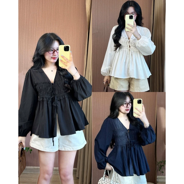 Áo babydoll trắng tiểu thư cổ V tay phồng vải bamboo cao cấp - 093