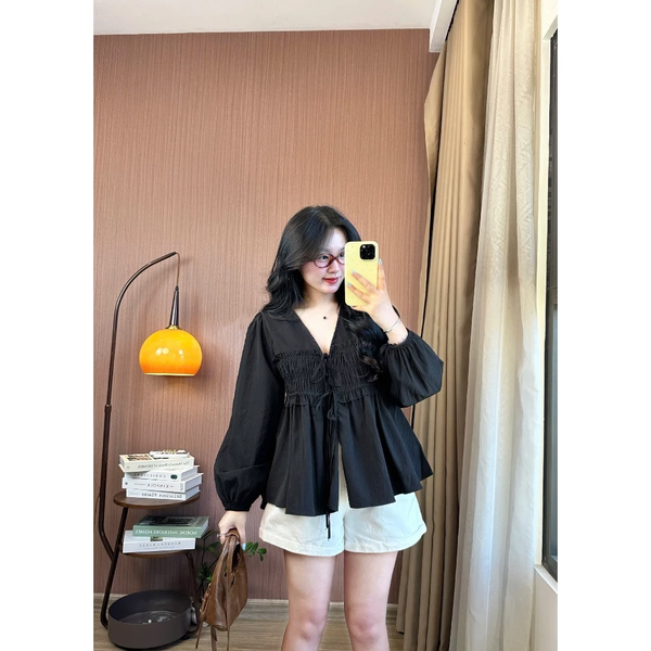 Áo babydoll trắng tiểu thư cổ V tay phồng vải bamboo cao cấp - 093