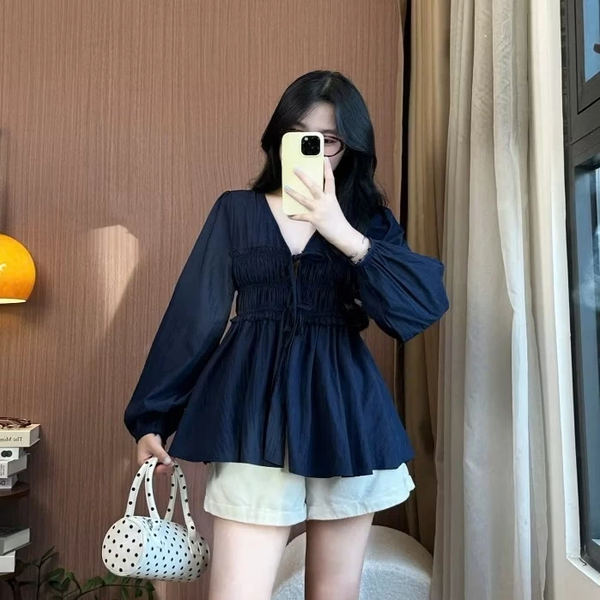Áo babydoll trắng tiểu thư cổ V tay phồng vải bamboo cao cấp - 093