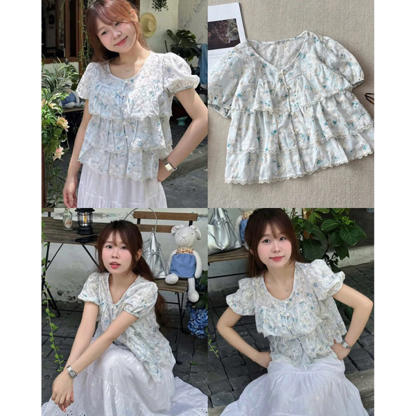 Áo croptop babydoll voan hoa 3 tầng tay bồng tiểu thư ngọt ngào - 115