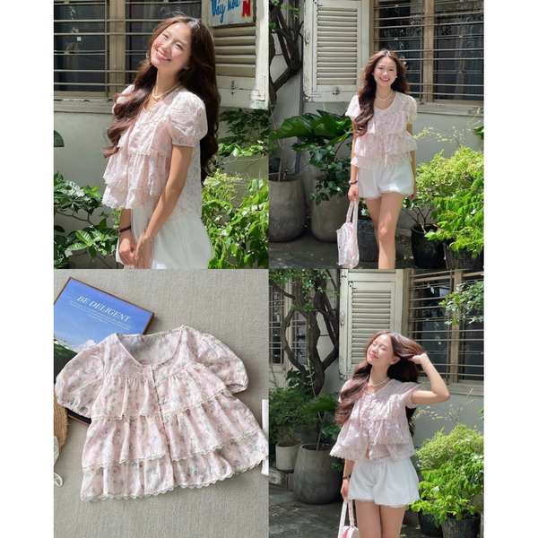 Áo croptop babydoll voan hoa 3 tầng tay bồng tiểu thư ngọt ngào - 115