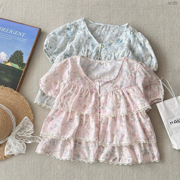 Áo croptop babydoll voan hoa 3 tầng tay bồng tiểu thư ngọt ngào - 115
