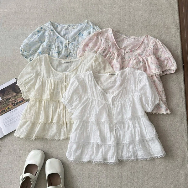 Áo croptop babydoll voan hoa 3 tầng tay bồng tiểu thư ngọt ngào - 115