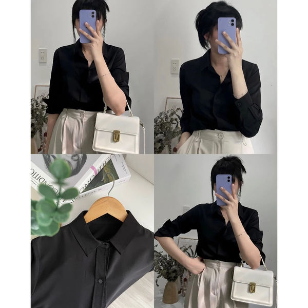 Áo sơ mi đen nữ tay dài công sở Kate Nhật cao cấp thanh lịch - 033