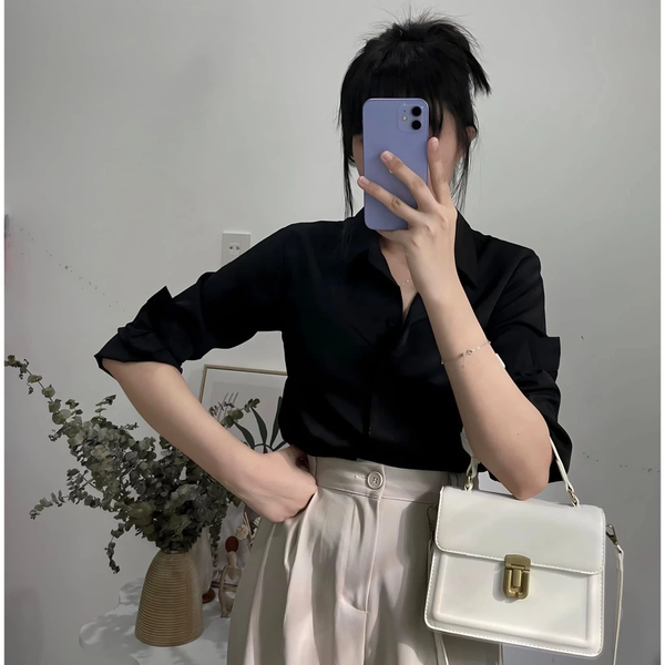 Áo sơ mi đen nữ tay dài công sở Kate Nhật cao cấp thanh lịch - 033