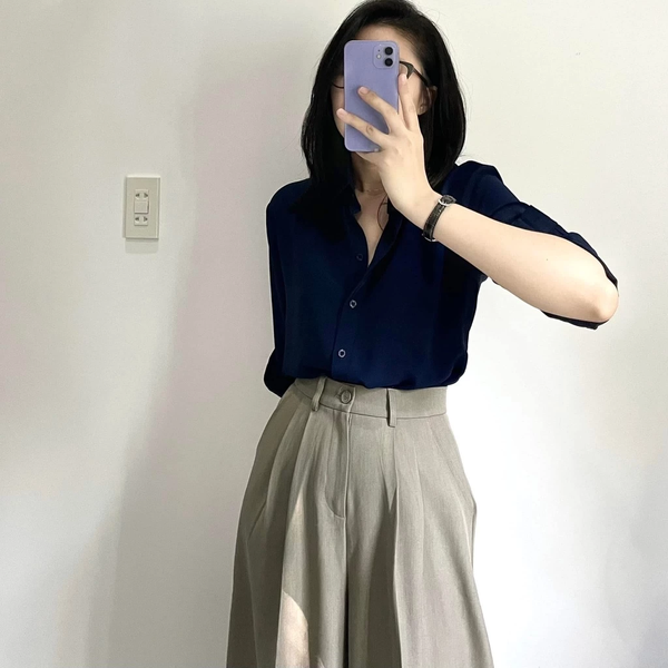 Áo sơ mi nữ xanh than tay dài chất kate Nhật công sở trẻ trung thanh lịch
