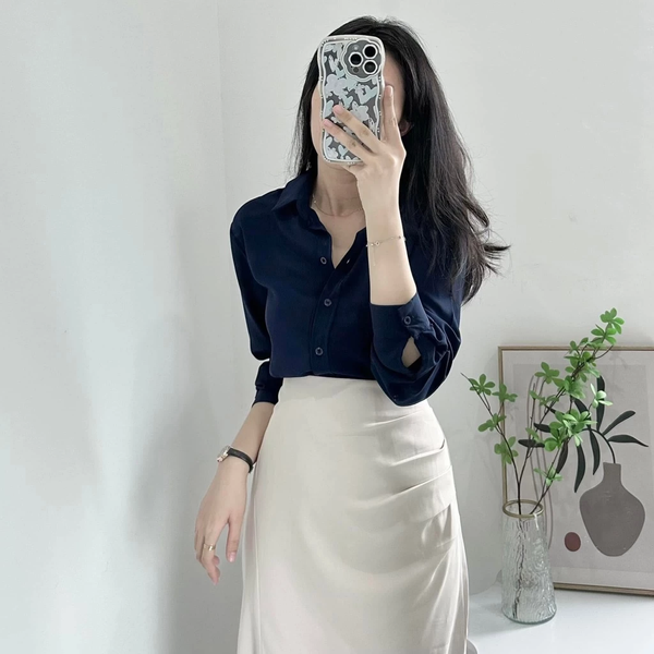 Áo sơ mi nữ xanh than tay dài chất kate Nhật công sở trẻ trung thanh lịch