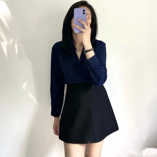 Áo sơ mi nữ xanh than tay dài chất kate Nhật công sở trẻ trung thanh lịch