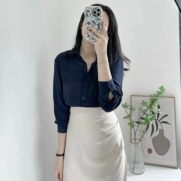 Áo sơ mi nữ xanh than tay dài chất kate Nhật công sở trẻ trung thanh lịch