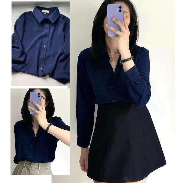 Áo sơ mi nữ xanh than tay dài chất kate Nhật công sở trẻ trung thanh lịch