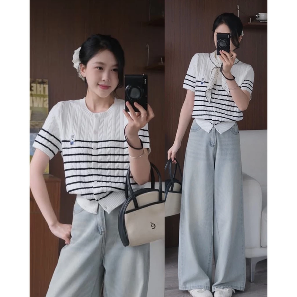 Áo len dệt thừng thêu gấu nổi cao cấp tay ngắn phong cách Hàn Quốc - 050
