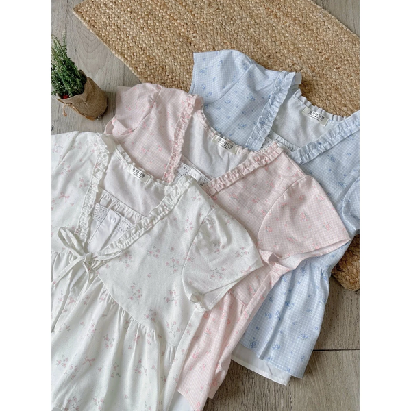 Áo babydoll vải bamboo 2 lớp thắt nơ phối bèo dáng xoè tiểu thư - 133