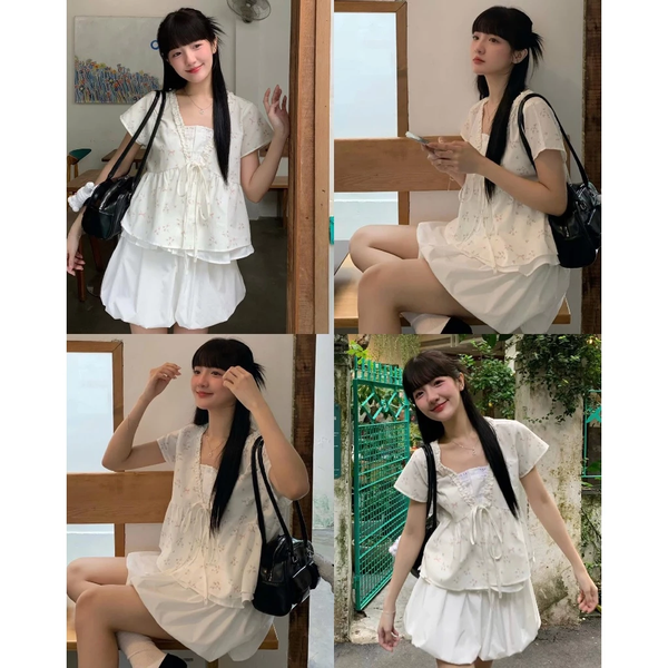 Áo babydoll vải bamboo 2 lớp thắt nơ phối bèo dáng xoè tiểu thư - 133