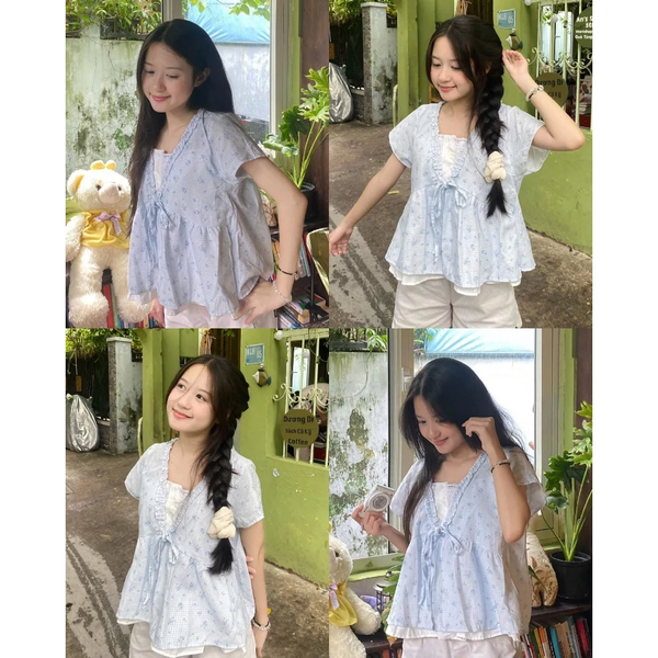 Áo babydoll vải bamboo 2 lớp thắt nơ phối bèo dáng xoè tiểu thư - 133