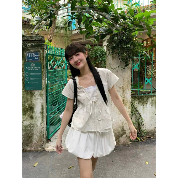 Áo babydoll vải bamboo 2 lớp thắt nơ phối bèo dáng xoè tiểu thư - 133