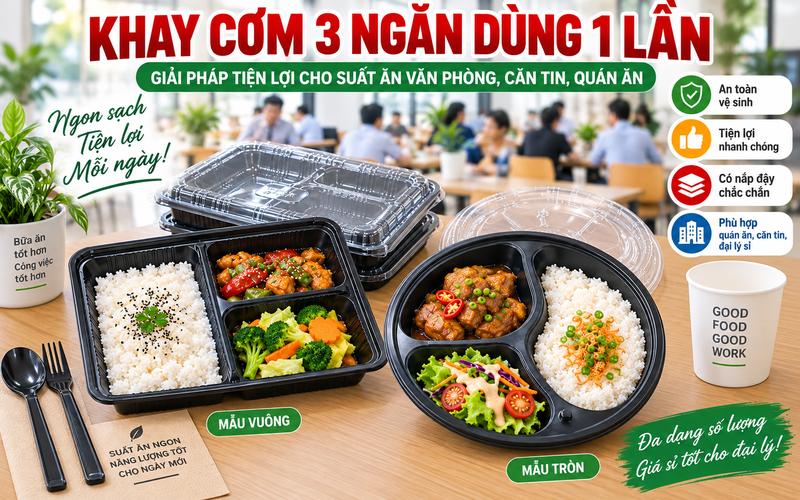 KHAY NHỰA ĐEN 3 NGĂN ĐỰNG CƠM GIÁ SỈ ĐẠI LÝ
