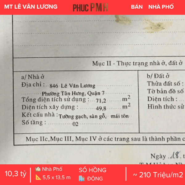 BÁN GẤP NHÀ MẶT TIỀN 270 LÊ VĂN LƯƠNG Q7 – HDT 24TR/THÁNG. DT 5.8×13