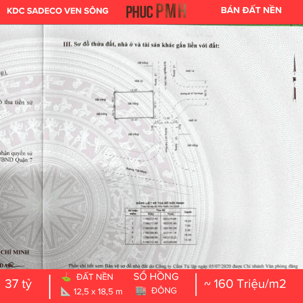 Bán Đất Biệt Thự Khu VIP Q8, KDC Sadeco Ven Sông, Quận 7 - Diện Tích 12.5m x 18.5m, Hướng Đông Nam Mát Mẻ, Sổ Hồng Riêng
