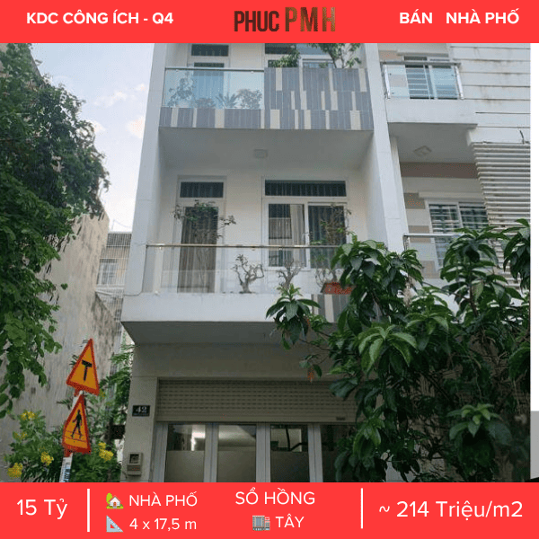 Số 42 Đường 1B (KDC Công ích Quận 4), diện tích 70m², kết cấu trệt 3 lầu, 4PN, hướng Tây, sổ hồng riêng