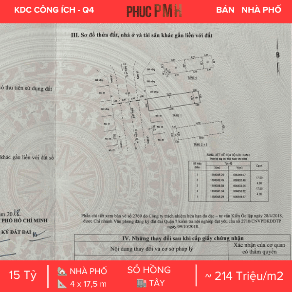 Số 42 Đường 1B (KDC Công ích Quận 4), diện tích 70m², kết cấu trệt 3 lầu, 4PN, hướng Tây, sổ hồng riêng