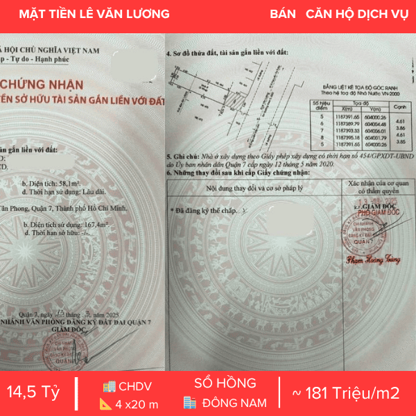  MẶT TIỀN LÊ VĂN LƯƠNG PHƯỜNG TÂN HƯNG QUẬN 7 – KẾT CẤU 4 TẦNG – SẴN DÒNG TIỀN 480 TRIỆU/NĂM