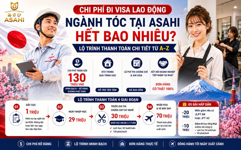Chi phí đi visa lao động ngành tóc tại Asahi hết bao nhiêu? Lộ trình thanh toán chi tiết từ A–Z 