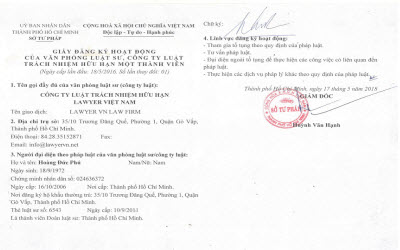 Giấy đăng ký hoạt động Công ty Luật TNHH Lawyer Việt Nam Giấy đăng ký hoạt động Công ty Luật TNHH Lawyer Việt Nam
